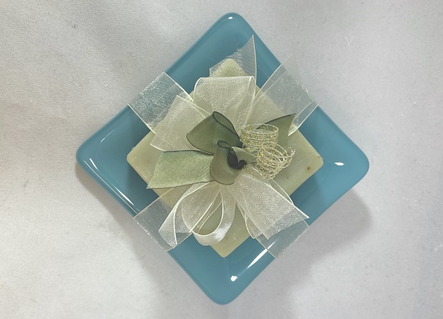 Tiffany Blue Fused Glass Soap Dish With Soap