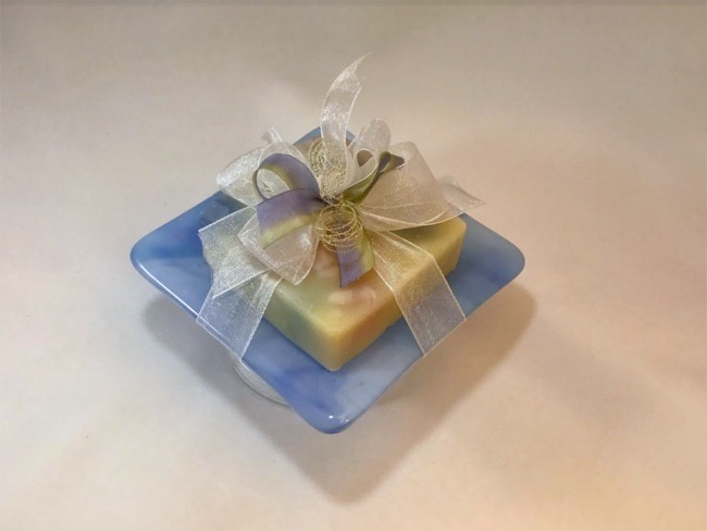Blue Fused Glass Soap Dish With Soap
